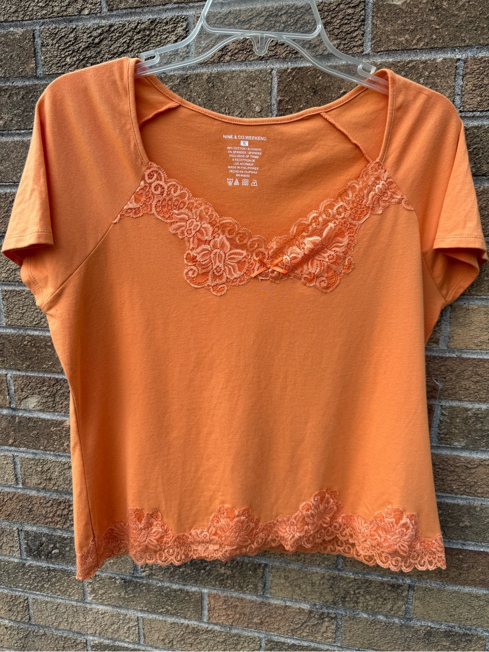Nine & Co. Bright Orange Lace-Trim Short Sleeve Tee